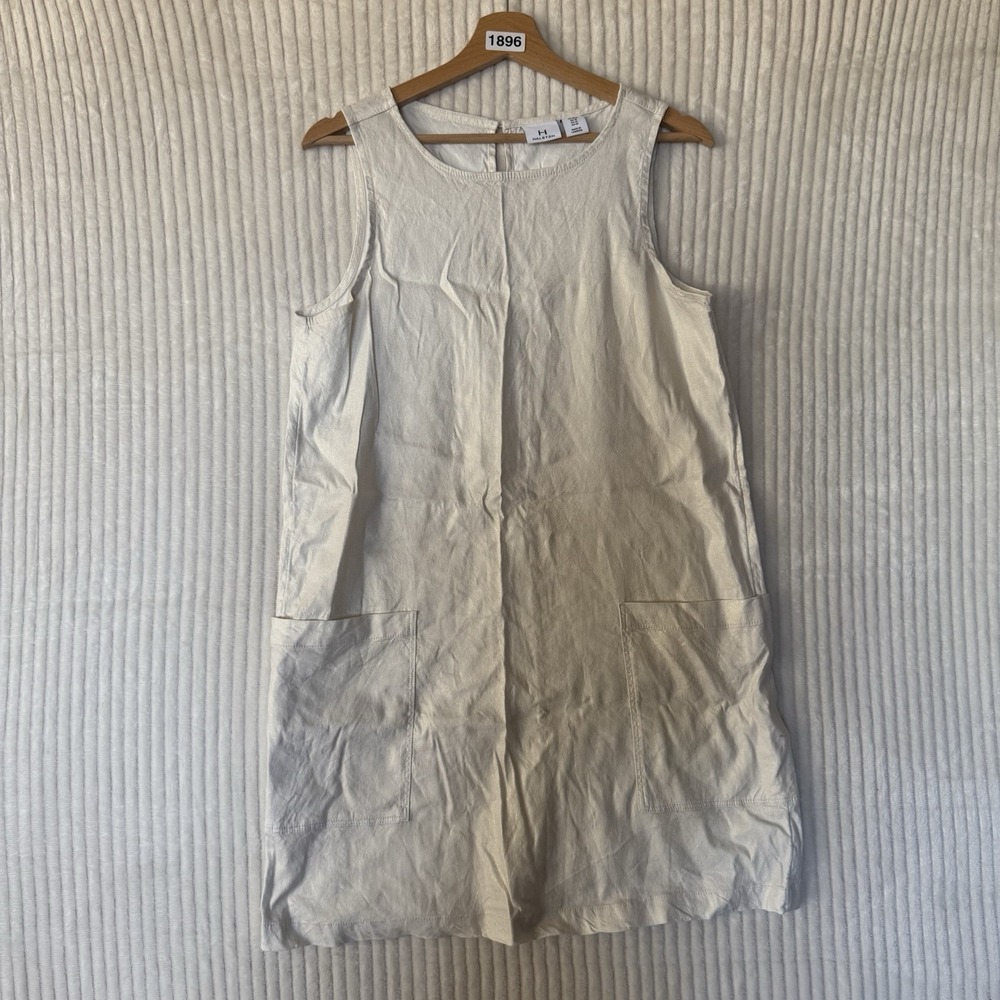 Halston Linen Cream Gold Speckles Sleeve Dress Large Front Pockets Size Medium